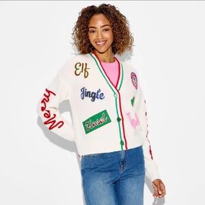 33 Degrees Women's Holiday Patchwork Festive Graphic Cardigan - Cream Small NWT